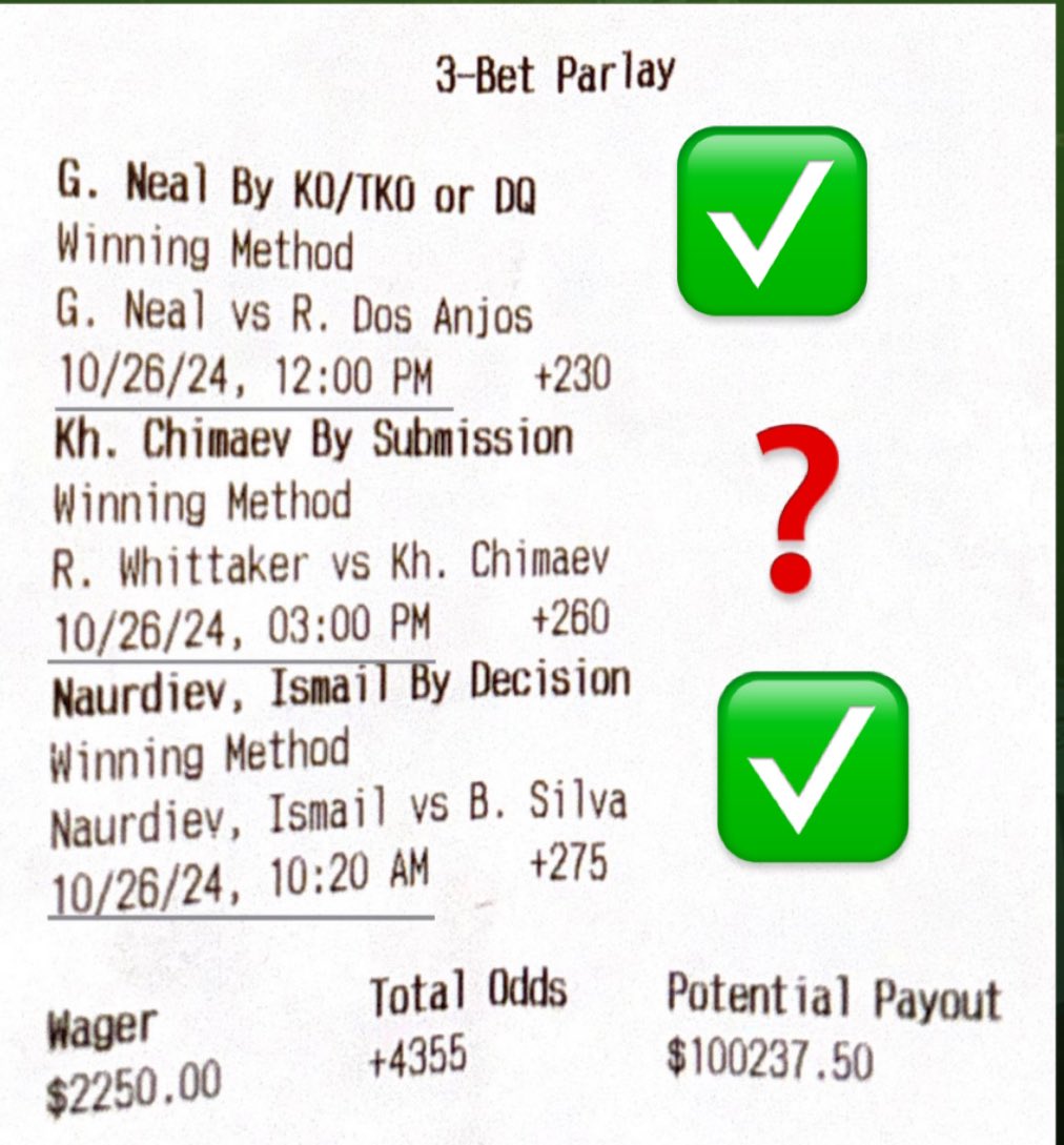 MattyBetss's tweet photo. Can’t celebrate Geoff Neal by KO there. 

Really sucks to see RDA hurt man. 

I’m a Khamzat sub away from $100,000. https://t.co/4mpcklhhBo