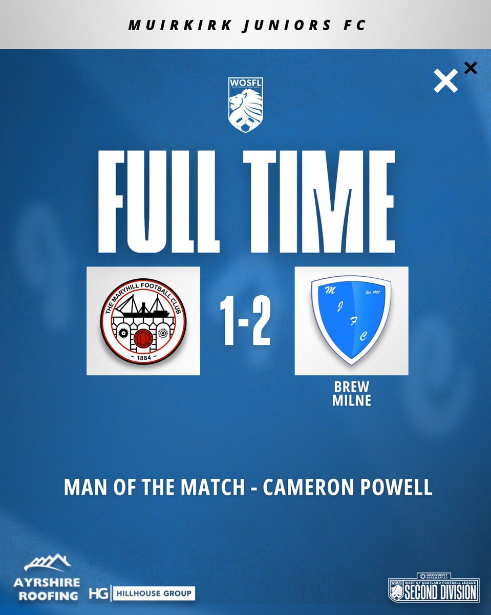 MuirkirkJFC1937's tweet photo. A far from vintage performance from ‘Kirk but an all important 3 points on the road at a difficult venue. Two well taken goals from Ethan Brew and Ryan Milne. MTK 🔵⚪️ https://t.co/Rod5ZEoCQv