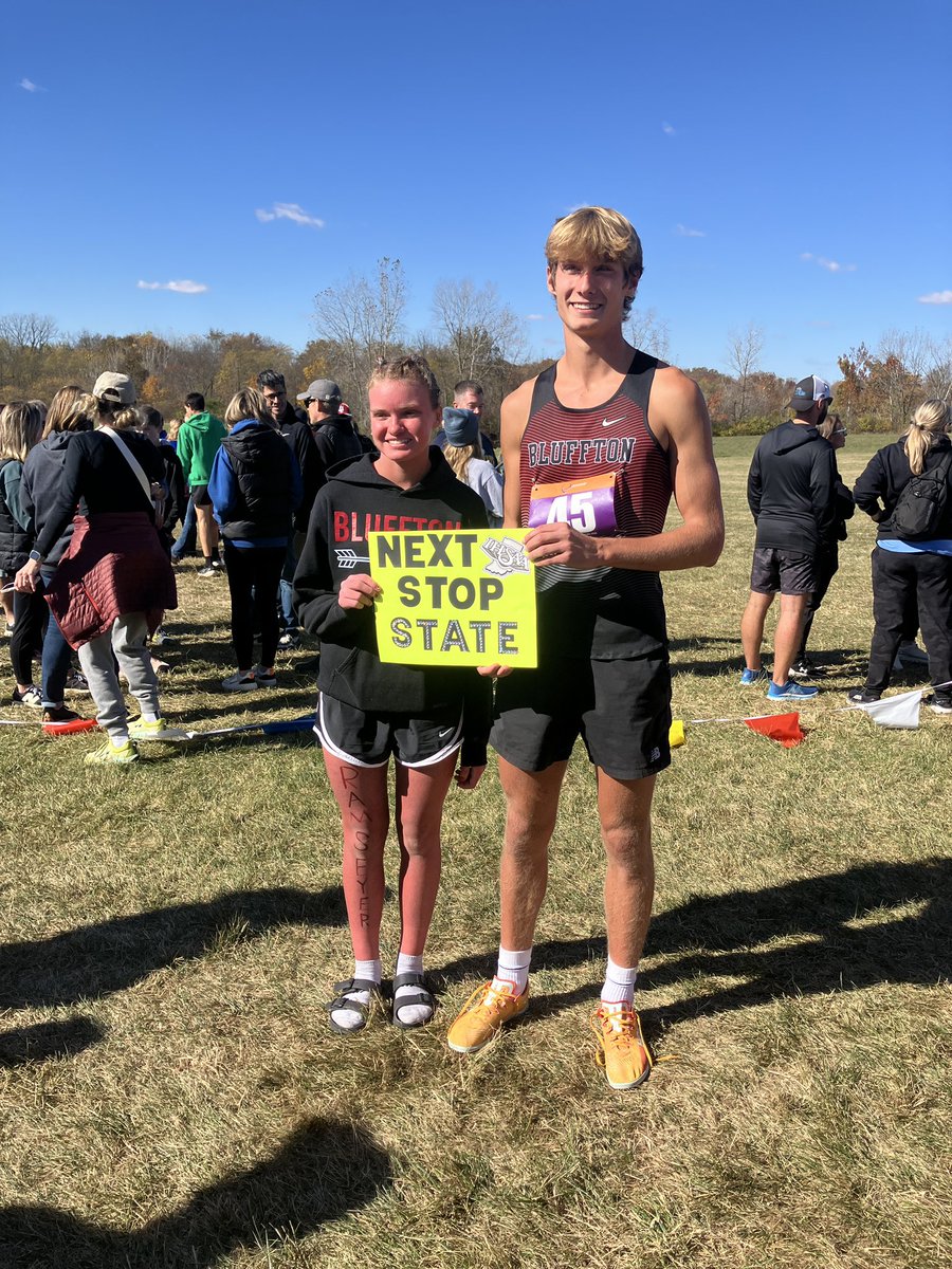 Bluffton_XC's tweet photo. STATE BOUND! Congratulations go out to freshman Abigail Ramseyer and senior Jude Baumgartner for qualifying to the State cross country race. Both with race next Saturday at Laverne Gibson in Terre Haute. https://t.co/sl4v7xK3AQ