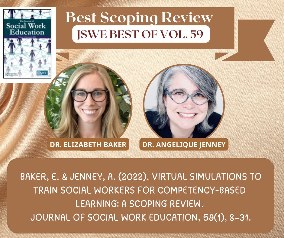 Congratulations to Dr. Elizabeth Baker and DR. Angelique Jenney <a href="/UCalgary/">U Calgary</a> on having their article selected as the Best JSWE Scoping Review of Vol. 59! Come celebrate with them this evening at the JSWE Reviewer Appreciation Reception from 6-9! @CSoialWorkEd #CSWE2024