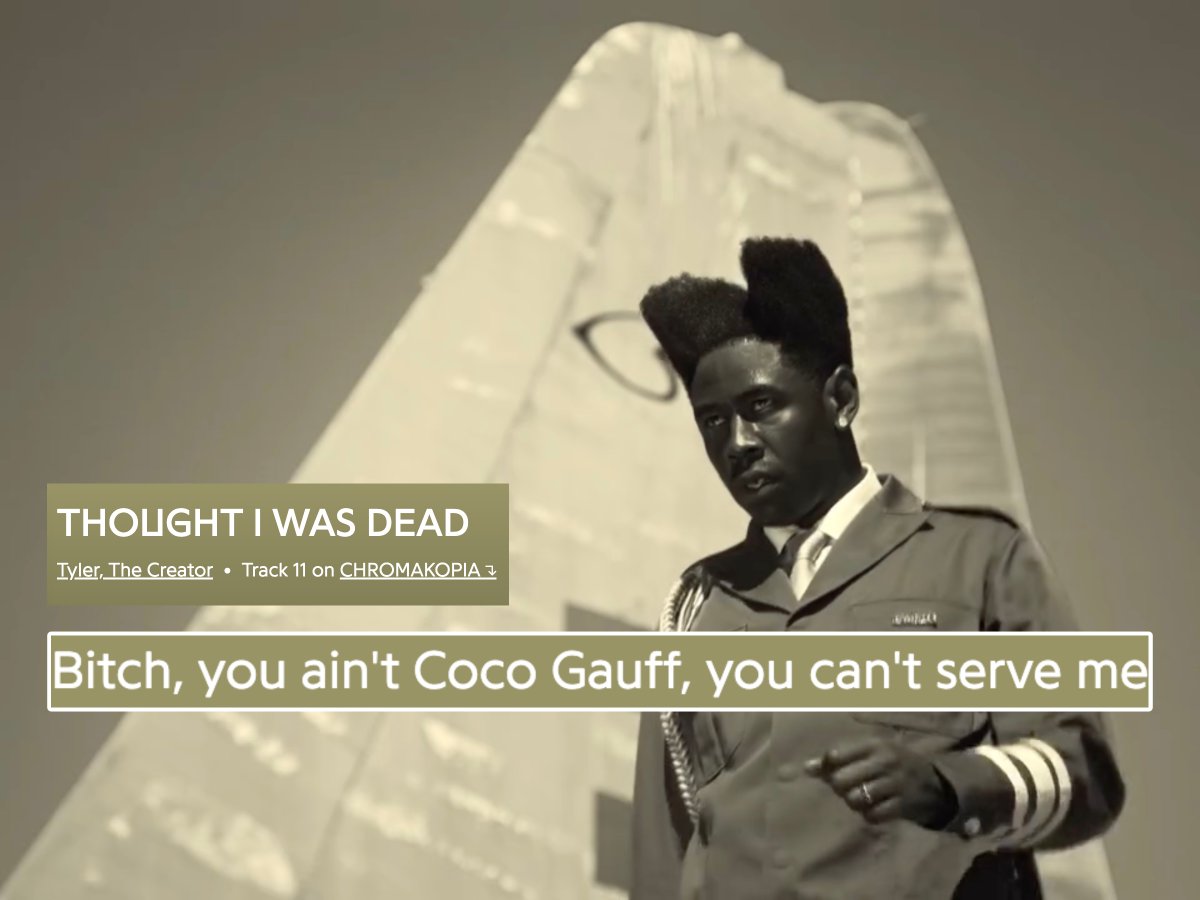 BastienFachan's tweet photo. Coco Gauff has made it to a Tyler, The Creator lyric on his new album!

Tennis is alive 🔥 https://t.co/ug69DPFZuq