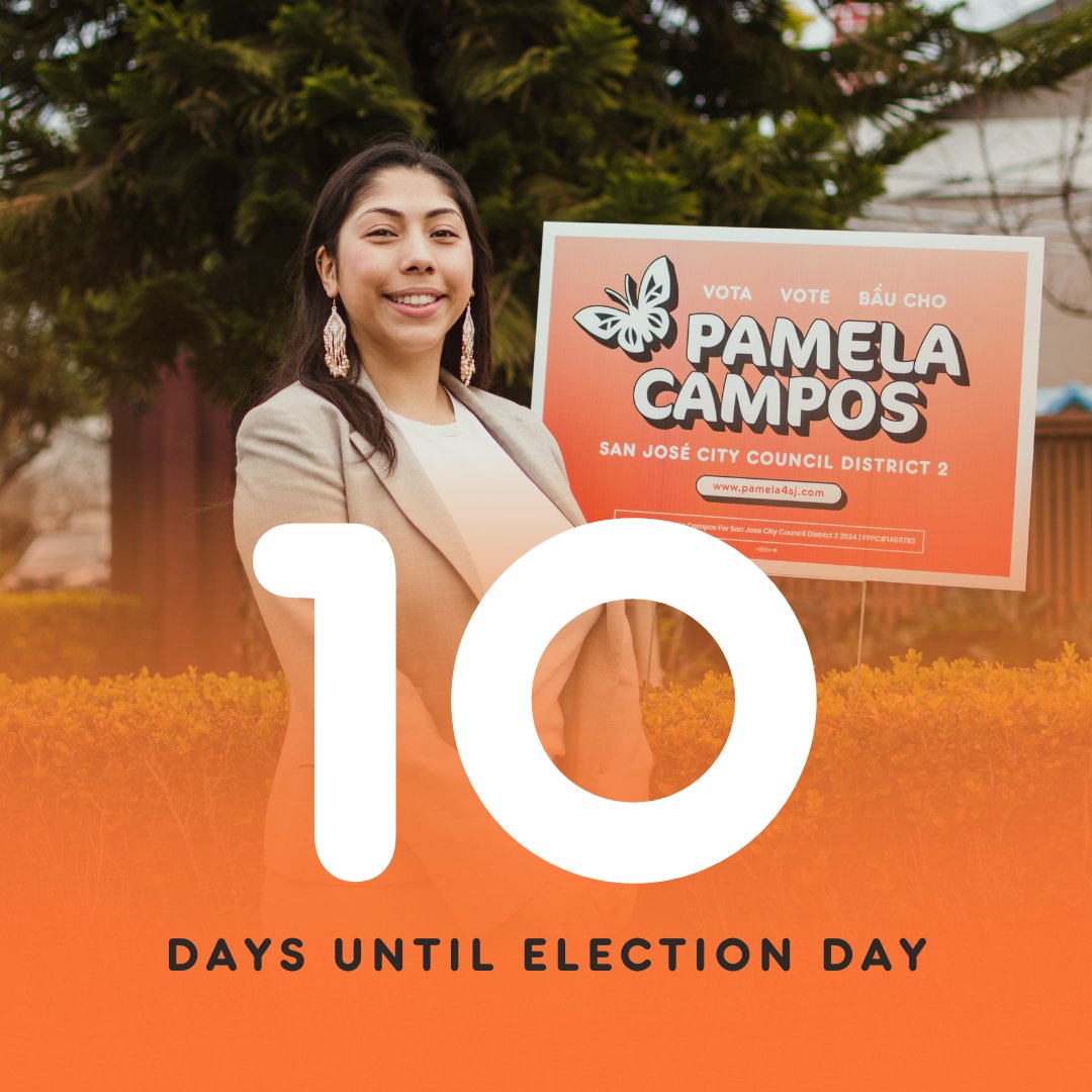 Today we are officially 10 DAYS away from Election Day on November 5th 🗳️ Team #Pamela4SJ has come so far in the past year &amp; we aren’t stopping anytime soon 👟 Get involved and support our campaign in these crucial final days here: bit.ly/WALK4PAMELA ⭐