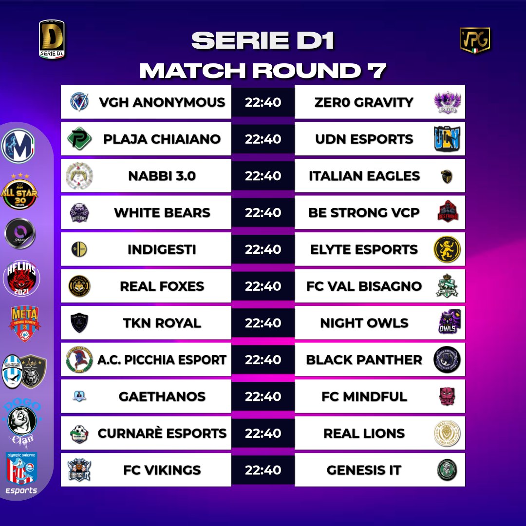 VPG Italy 🇮🇹 (@vpgitaly) on Twitter photo 📺##vpgflash
⚽️ Serie D1
⚽️ Serie D2
📊Accoppiamenti
📅Giornata 0⃣7⃣
Main sponsor
<a href="/EsportsMartina/">Martina eSports</a>
Sponsor
<a href="/DOGO_Clan/">DOGO Clan since 2009 🇮🇹</a>
<a href="/eMetaCatania/">eMeta Catania</a>
@REBORNHLSPs5
<a href="/LukeeSportsGam/">Luké eSports Gaming</a>
<a href="/MGV_ALL_STAR_30/">MGV ALL STAR</a>
<a href="/OlympicSaEsp/">Olympic Salerno eSports</a>
Grafic by
<a href="/ErQuinto5/">ErQUINTO🔥</a> 📺##vpgflash
⚽️ Serie D1
⚽️ Serie D2
📊Accoppiamenti
📅Giornata 0⃣7⃣
Main sponsor
<a href="/EsportsMartina/">Martina eSports</a>
Sponsor
<a href="/DOGO_Clan/">DOGO Clan since 2009 🇮🇹</a>
<a href="/eMetaCatania/">eMeta Catania</a>
@REBORNHLSPs5
<a href="/LukeeSportsGam/">Luké eSports Gaming</a>
<a href="/MGV_ALL_STAR_30/">MGV ALL STAR</a>
<a href="/OlympicSaEsp/">Olympic Salerno eSports</a>
Grafic by
<a href="/ErQuinto5/">ErQUINTO🔥</a>