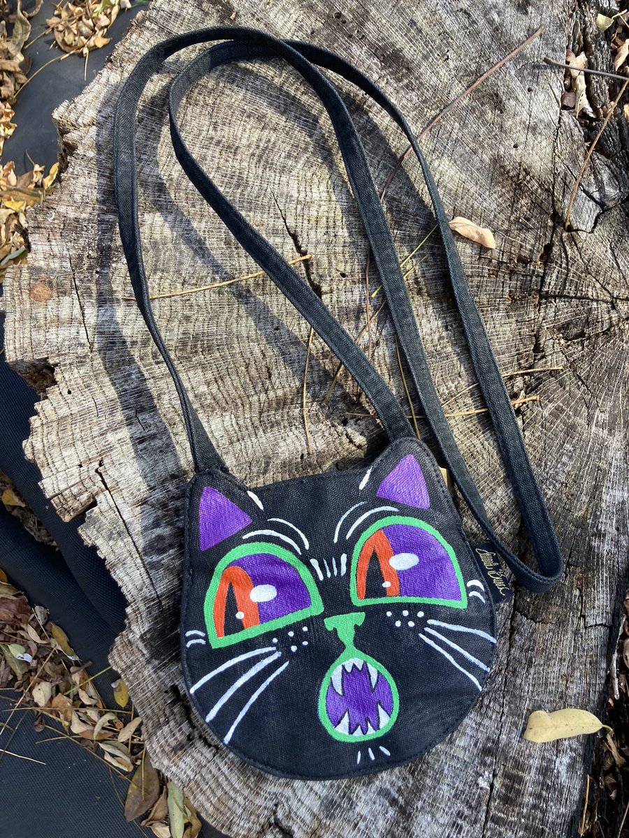 GhoulKitten13's tweet photo. I painted over a cat shaped bag I had for Halloween! (The original was ugly imo, lol)
It’s double sided. 
🎃🙀🧡🖤💚💜

#halloween #diyhalloween #halloweencat #fabricpaint https://t.co/mx5aSy9V4Z