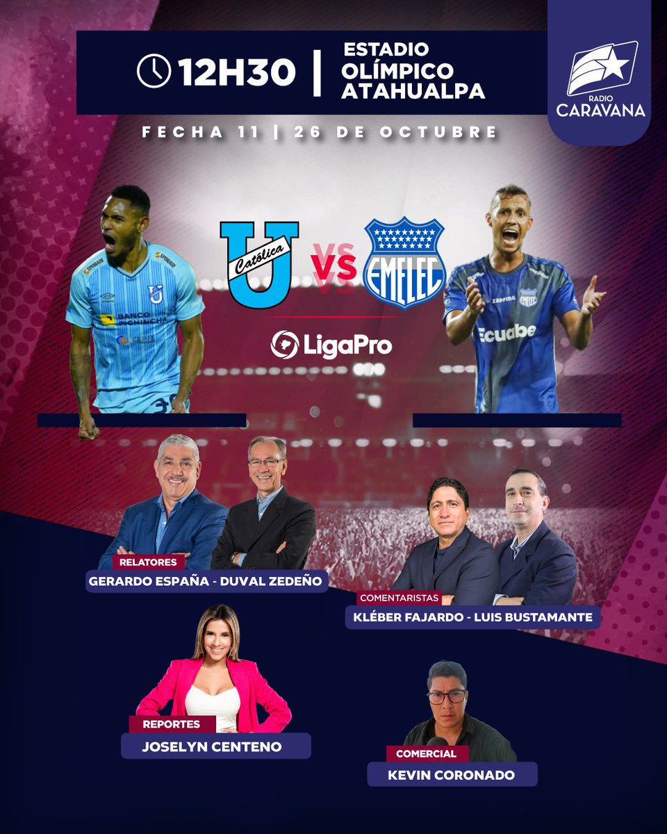 Caravana750's tweet photo. ¡ARRANCA LA PREVIA! 🔥

🎙️ @gerardo22ec 
🎙️ @zedenoduval
🎙️ @FajardoBarzola 
🎙️ @lmbustamante_72 
🎙️ @Joselyncentenob 
🎙️ @kevinplus7 

⚪️ @UCatolicaEC 🆚 @CSEmelec 🔵

🏆 @LigaProEC 
🗓️ Fecha 11 - Fase 2
🏟️ Olímpico Atahualpa

👉🏻 Escúchalo por https://t.co/ShrThDXqaw https://t.co/s2pD6xncwP