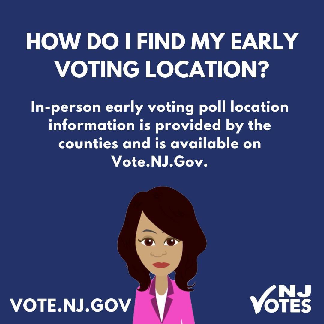 Early in person voting around New Jersey starts TODAY! 🗳️🇺🇸

HOURS: 
Mon-Sat: 10am-8pm
Sun: 10am-6pm

Everything you need to know to be a New Jersey voter -&gt; Vote.NJ.Gov 

#NJVotes #VOTE #NewJersey  🗳️🇺🇸