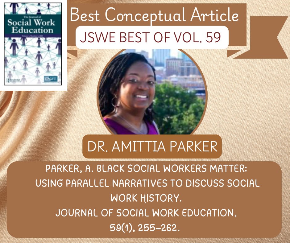 Congratulations to Dr. <a href="/AmittiaParker/">Amittia Parker</a> on being selected by the JSWE EAB to receive the Best JSWE Conceptual Article Award for JSWE Vol. 59! Come and celebrate this contribution to JSWE tonight at the JSWE Reviewer Appreciation Reception from 6-9! <a href="/CSocialWorkEd/">CSWE</a> #CSWE2024