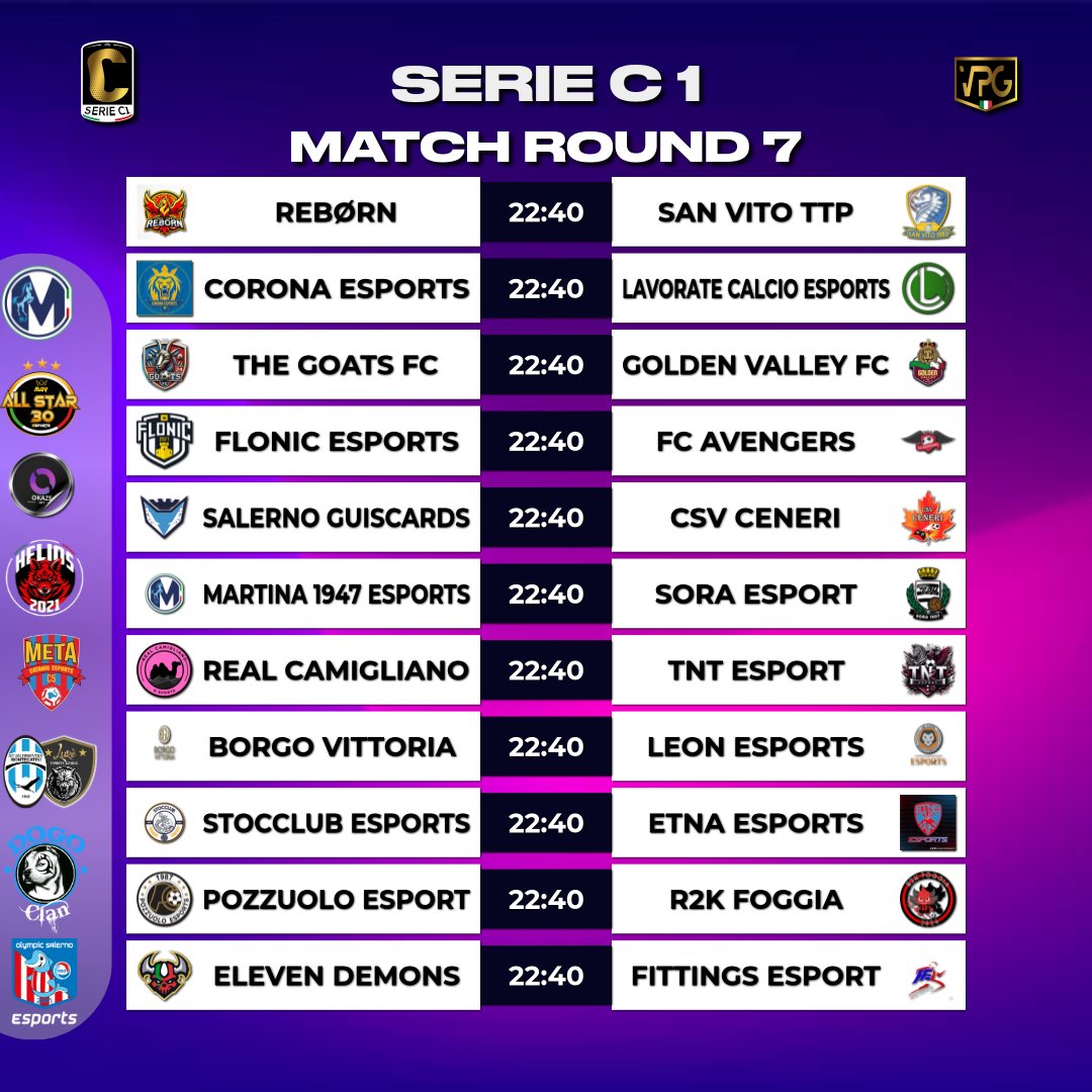 VPG Italy 🇮🇹 (@vpgitaly) on Twitter photo 📺##vpgflash
⚽️ Serie C1
⚽️ Serie C2
📊Accoppiamenti
📅Giornata 0⃣7⃣
Main sponsor
<a href="/EsportsMartina/">Martina eSports</a>
Sponsor
<a href="/DOGO_Clan/">DOGO Clan since 2009 🇮🇹</a>
<a href="/eMetaCatania/">eMeta Catania</a>
@REBORNHLSPs5
<a href="/LukeeSportsGam/">Luké eSports Gaming</a>
<a href="/MGV_ALL_STAR_30/">MGV ALL STAR</a>
<a href="/OlympicSaEsp/">Olympic Salerno eSports</a>
Grafic by
<a href="/ErQuinto5/">ErQUINTO🔥</a> 📺##vpgflash
⚽️ Serie C1
⚽️ Serie C2
📊Accoppiamenti
📅Giornata 0⃣7⃣
Main sponsor
<a href="/EsportsMartina/">Martina eSports</a>
Sponsor
<a href="/DOGO_Clan/">DOGO Clan since 2009 🇮🇹</a>
<a href="/eMetaCatania/">eMeta Catania</a>
@REBORNHLSPs5
<a href="/LukeeSportsGam/">Luké eSports Gaming</a>
<a href="/MGV_ALL_STAR_30/">MGV ALL STAR</a>
<a href="/OlympicSaEsp/">Olympic Salerno eSports</a>
Grafic by
<a href="/ErQuinto5/">ErQUINTO🔥</a>