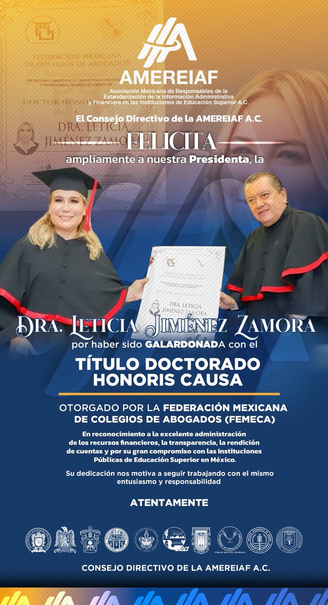 amereiaf's tweet photo. El Consejo Directivo de la #AMEREIAF A.C. felicita ampliamente a nuestra Presidenta, la Dra. Leticia Jiménez Zamora, por haber sido galardonada con el Título Doctorado Honoris Causa otorgado por la Federación Mexicana del Colegio de Abogados (FEMECA) . https://t.co/6wU2u9Oivb
