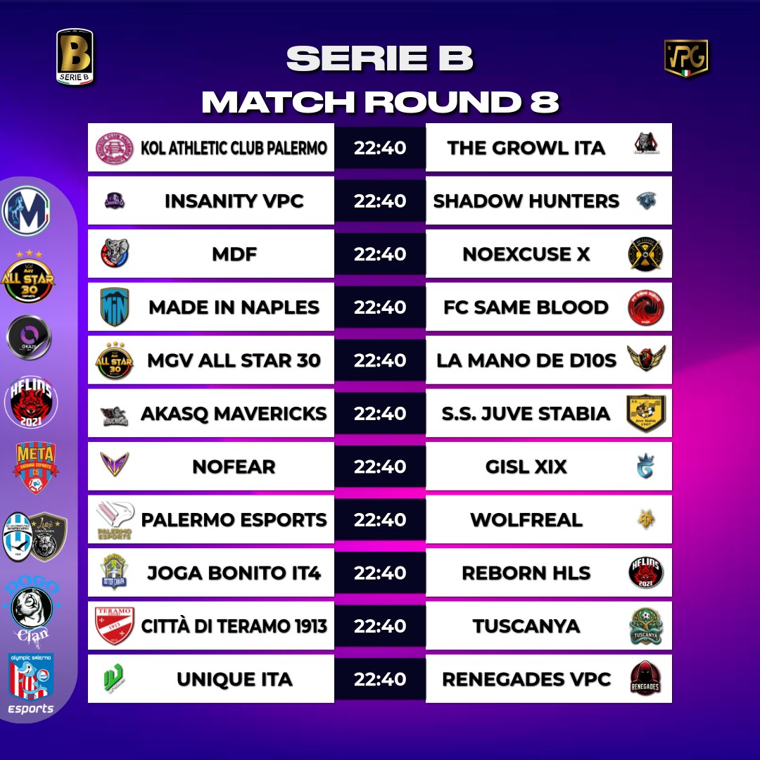 VPG Italy 🇮🇹 (@vpgitaly) on Twitter photo 📺#vpgflash
🏆 Serie A
⚽️ Serie B
📊Accoppiamenti
📅Giornata 0⃣8⃣
Main sponsor
<a href="/EsportsMartina/">Martina eSports</a>
Sponsor
<a href="/DOGO_Clan/">DOGO Clan since 2009 🇮🇹</a>
<a href="/eMetaCatania/">eMeta Catania</a>
@REBORNHLSPs5
<a href="/LukeeSportsGam/">Luké eSports Gaming</a>
<a href="/MGV_ALL_STAR_30/">MGV ALL STAR</a>
<a href="/OlympicSaEsp/">Olympic Salerno eSports</a>
Grafic by
<a href="/ErQuinto5/">ErQUINTO🔥</a> 📺#vpgflash
🏆 Serie A
⚽️ Serie B
📊Accoppiamenti
📅Giornata 0⃣8⃣
Main sponsor
<a href="/EsportsMartina/">Martina eSports</a>
Sponsor
<a href="/DOGO_Clan/">DOGO Clan since 2009 🇮🇹</a>
<a href="/eMetaCatania/">eMeta Catania</a>
@REBORNHLSPs5
<a href="/LukeeSportsGam/">Luké eSports Gaming</a>
<a href="/MGV_ALL_STAR_30/">MGV ALL STAR</a>
<a href="/OlympicSaEsp/">Olympic Salerno eSports</a>
Grafic by
<a href="/ErQuinto5/">ErQUINTO🔥</a>