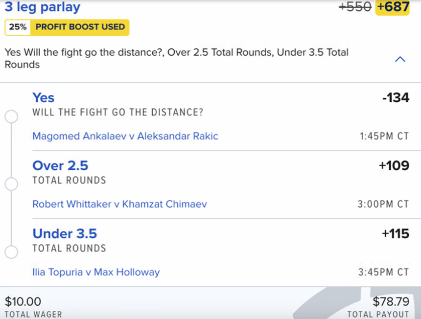EdgePlayBook's tweet photo. #BetInPublic #SteadyEdge #FanDule also gives out pretty good #UFC Profit Boost. We come up with this 3 leg idea whose fair odd is just +500 for 30% EV after the boost #GamblingX #EVBetting #Ankalev #Rakic #Whittaker #Chimaev #Topuria #MaxHolloway https://t.co/FM3D0Q1T2u