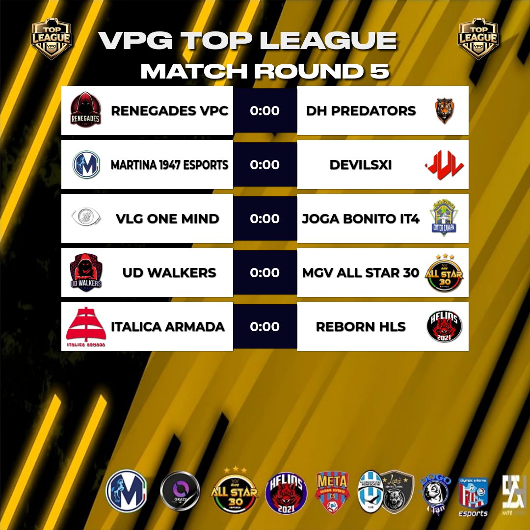 VPG Italy 🇮🇹 (@vpgitaly) on Twitter photo 📺#vpgflash
🏆Top League
📊Accoppiamenti
📅Giornata 0⃣5⃣
Main sponsor
<a href="/EsportsMartina/">Martina eSports</a>
Sponsor
<a href="/DOGO_Clan/">DOGO Clan since 2009 🇮🇹</a>
<a href="/eMetaCatania/">eMeta Catania</a>
@REBORNHLSPs5
<a href="/LukeeSportsGam/">Luké eSports Gaming</a>
<a href="/MGV_ALL_STAR_30/">MGV ALL STAR</a>
<a href="/OlympicSaEsp/">Olympic Salerno eSports</a>
Grafic by
<a href="/ErQuinto5/">ErQUINTO🔥</a> 📺#vpgflash
🏆Top League
📊Accoppiamenti
📅Giornata 0⃣5⃣
Main sponsor
<a href="/EsportsMartina/">Martina eSports</a>
Sponsor
<a href="/DOGO_Clan/">DOGO Clan since 2009 🇮🇹</a>
<a href="/eMetaCatania/">eMeta Catania</a>
@REBORNHLSPs5
<a href="/LukeeSportsGam/">Luké eSports Gaming</a>
<a href="/MGV_ALL_STAR_30/">MGV ALL STAR</a>
<a href="/OlympicSaEsp/">Olympic Salerno eSports</a>
Grafic by
<a href="/ErQuinto5/">ErQUINTO🔥</a>