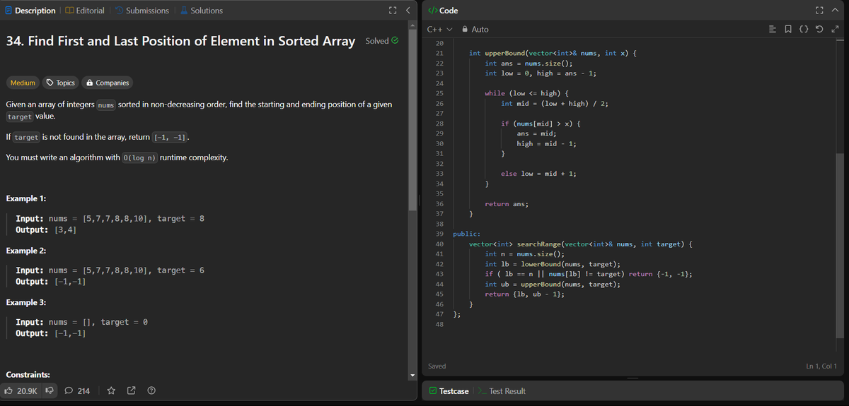 jsambhav5's tweet photo. #Day24 of #100DaysOfDSA
Topics and Learnings: #BinarySearch, #UpperBound, #LowerBound
Problems Solved:
45. #LeetCode #34 : Find First and Last Position of Element in Sorted Array
Approach : Used Upper-Bound and Lower-Bound to solve this problem
TC - O(logN)
SC - O(1) https://t.co/082iKqZol5