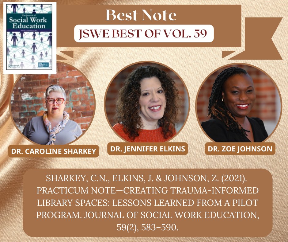 Congratulations to Dr. @CSharkey77, Dr. @DrElkins, and Dr. Zoe Johnson on being selected to receive the Best JSWE Note Award for JSWE Vol. 59! Come and celebrate with them at the JSWE Reviewer Appreciation Reception from 6-9! <a href="/CSocialWorkEd/">CSWE</a> #CSWE2024 <a href="/UGASocialWork/">UGASocialWork</a>
