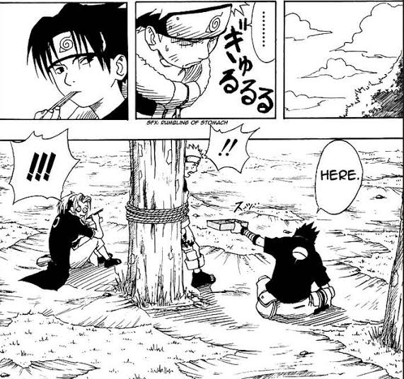 thefuzzyaya's tweet photo. I keep on thinking about that first initial draft of Sasuke and Naruto meeting: Sasuke saving Naruto from bullies and hinting that he acknowledges him as ninja. 
Because if you put everything after: him feeding Naruto against the rules, them training 1/2 https://t.co/rWKkk14nKJ
