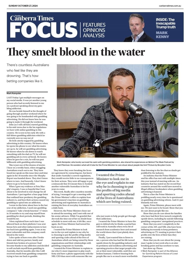 Here is my opinion piece in the Canberra Times today about my meeting with the PM's office this week and the impact the inaction on gambling advertising is causing.