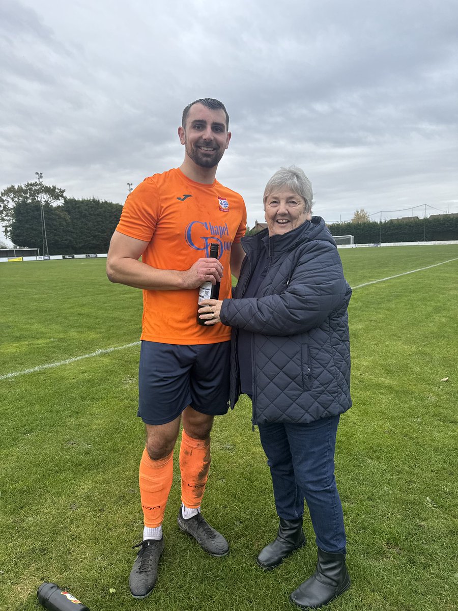 DissTownFC's tweet photo. Today’s match sponsor club secretary @Sec_Pam Flatman seen here with player of the match @James_Sillet 👏

Takes us back to last season when Sils was also voted player of the match by Pam! When asked Pam said ‘there was nothing in it’. 🤔🤣🍊 https://t.co/jJ8oF5E8mO
