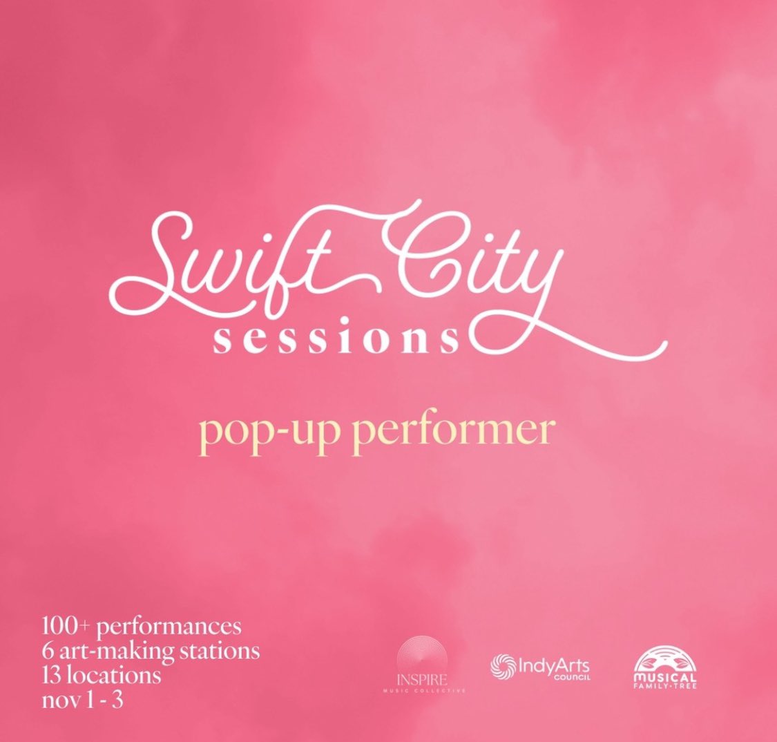Guess what!! Come see me perform at the #SwiftCitySessions Pop-Up
<a href="/taylorswift13/">Taylor Swift</a> will be in Indianapolis November 1 - 3rd for her Eras Tour and you will experience Naptown’s best musicians take over downtown!
*You can find me at #MonumentCircle Saturday, November 2nd at 5:15 pm