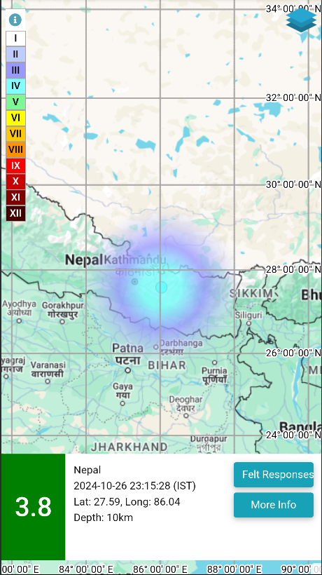 EQ of M: 3.8, On: 26/10/2024 23:15:28 IST, Lat: 27.59 N, Long: 86.04 E, Depth: 10 Km, Location: Nepal. 
For more information Download the BhooKamp App 
riseq.seismo.gov.in/riseq/earthqua… 
<a href="/DrJitendraSingh/">Dr Jitendra Singh</a> 
<a href="/OfficeOfDrJS/">Office of Dr. Jitendra Singh</a> 
<a href="/Ravi_MoES/">Ravi</a>  
<a href="/Dr_Mishra1966/">Dr. O. P. Mishra</a> 
<a href="/ndmaindia/">NDMA India | राष्ट्रीय आपदा प्रबंधन प्राधिकरण 🇮🇳</a>