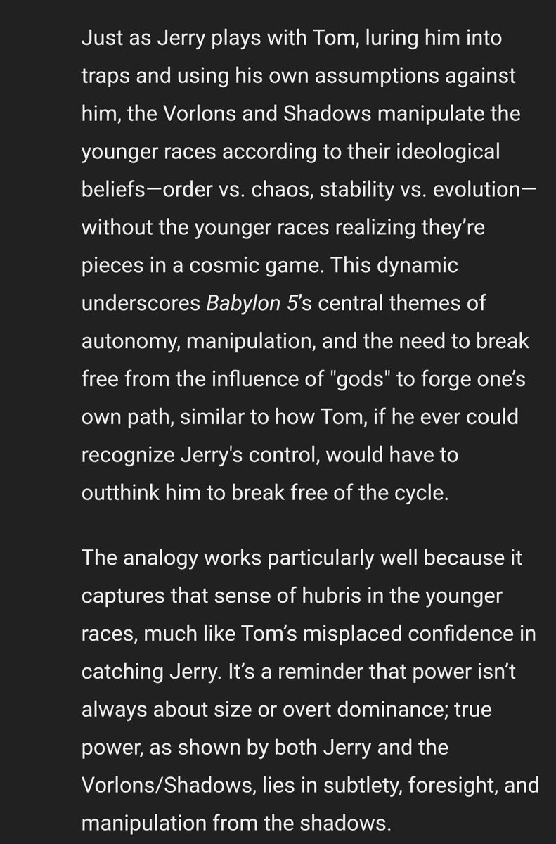 Alien2human's tweet photo. I got ChatGPT to agree that Babylon 5 is a retelling of Tom &amp; Jerry.

Spoiler Warning: contains spoilers for Babylon 5 and Tom &amp; Jerry https://t.co/98Ouvikjgb
