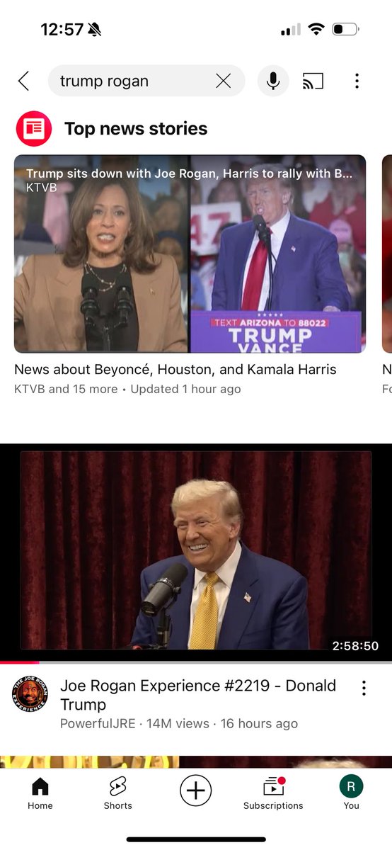 RyderBeaird's tweet photo. @elonmusk I search “trump rogan” on YouTube premium and Beyoncé, Houston, and Kamala Harris pops up first. 🙄 https://t.co/9mHS3lgTmN