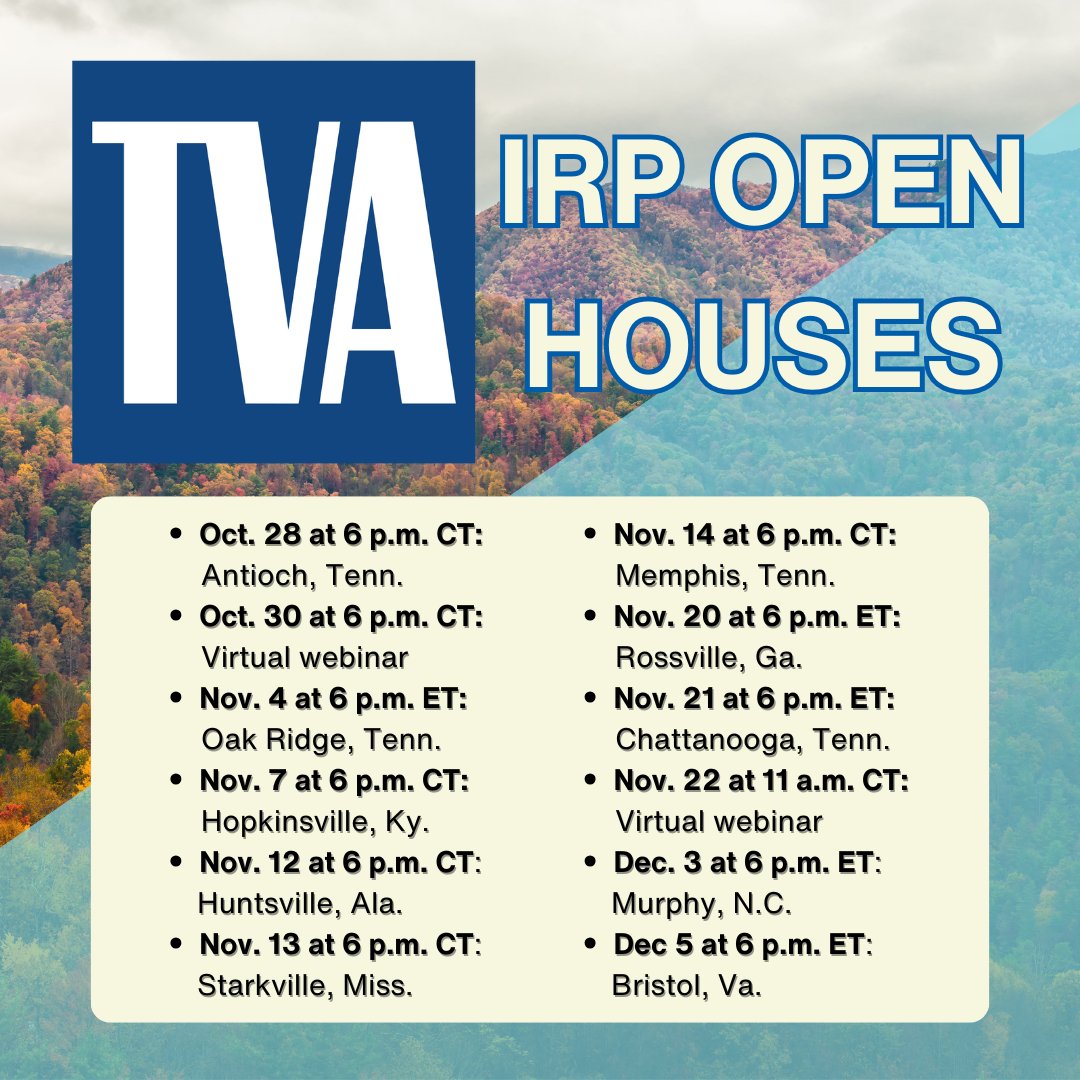 CleanUpTVA's tweet image. Join the first TVA IRP Open House Monday from 6-8pm CT at the Southeast Community Center (5620 Hickory Hollow Parkway #202, Large Clubroom 2) in Antioch, TN! Visit the link in our bio for more information.

#FromOurValleyToTheFuture #RenewTheValley #CleanUpTVA