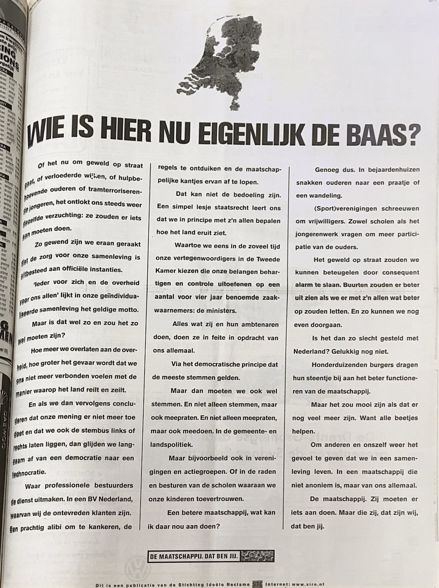 Weet je het nog? 

De maatschappij, dat ben jij! 
In plaats van schelden en zeuren, doe iets nuttigs! 

Sire-campagne in het jaar 2000.