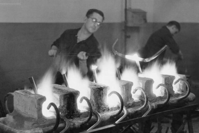 Brazing handlebars at the Gazelle factory, Dieren, Netherlands