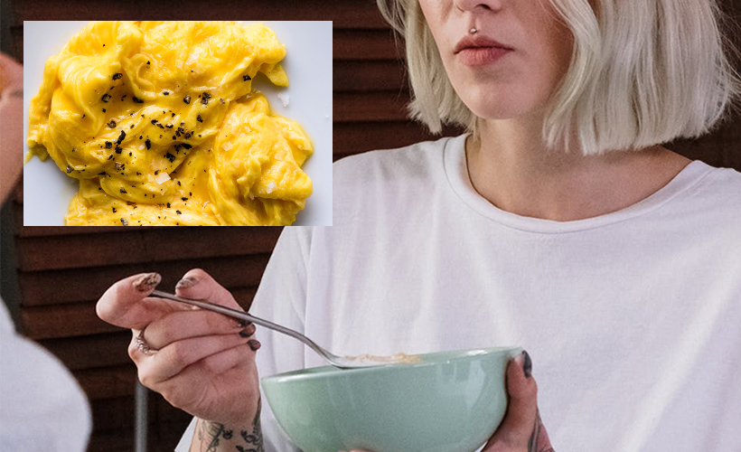 Reductress's tweet photo. Woman Racing to Eat Eggs Faster Than Brain Can Realize How Disgusting They Are: https://t.co/XqpngDxzH3 https://t.co/y6563zZQLu
