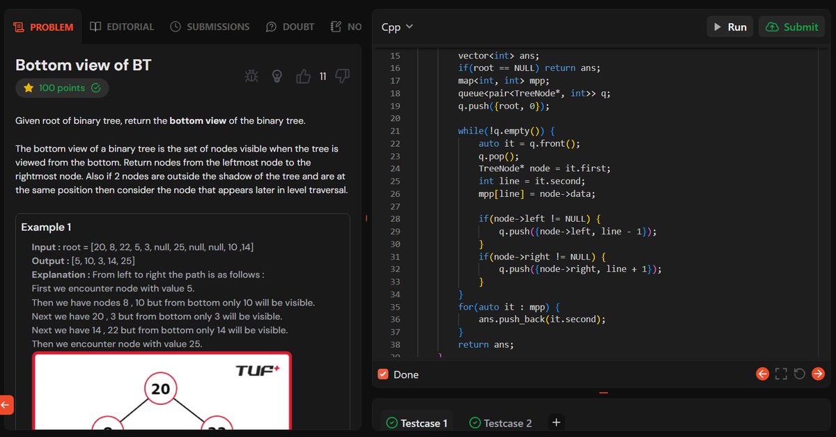 akshkumart's tweet image. Day 148:
TUF+ Q. Bottom view of BT (using BFS)
Q. Right/Left View of BT (using modified preorder traversal - root right left)
#200daysofcodechallenge #connect