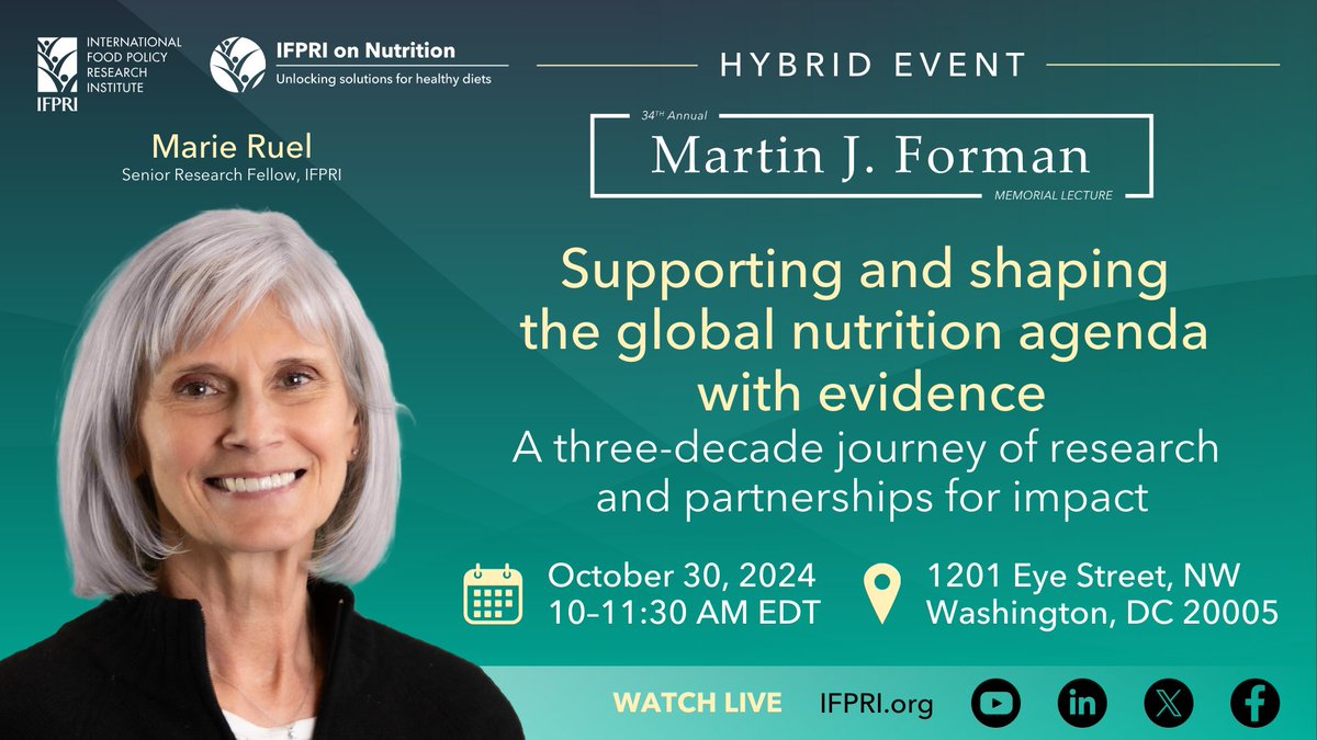IFPRI's tweet photo. 4️⃣ days until our HYBRID #FormanLecture event:
📌 Supporting and shaping the global nutrition agenda with evidence: A three-decade journey of research and partnerships for impact
📍In-person or online
📅Oct.30 🕘10:00 – 11:30 AM EDT
🎫 https://t.co/c7tsCMPxKK
@CGIAR @USAID