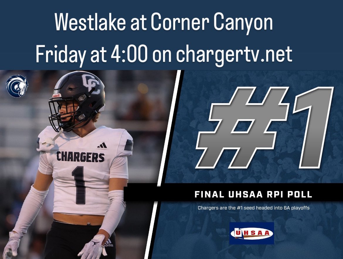 CornerCanyonFootball (@cchsfootball_) on Twitter photo 6A Playoffs - 2nd Round: Westlake at CC, Friday at 4 PM on chargertv.net <a href="/HSFBamerica/">High School Football America</a> <a href="/mjfrecruits/">MJF Football Recruiting</a> <a href="/Zack_Poff_MP/">Zack Poff</a> <a href="/SlingintheP/">Slinginā the Pill Mediaā¢ļø</a> <a href="/TribPrepsEd/">Trib Preps</a> <a href="/KjarEric/">Eric kjar</a> <a href="/bcavi68/">BJ</a> <a href="/KyleMorgan_XOS/">Kyle Morgan CATAPULT Southwest Regional Scout</a> <a href="/Diesel_Dart/">Diesel Dart</a> <a href="/BronsonEvans_/">Bronson Evans</a> <a href="/esuntafa_/">Esun Tafa</a> <a href="/ZionFinau/">Zion finau</a> <a href="/kaydonwilliams7/">Kaydon Williams</a> <a href="/OFFA_Academy/">OFFA Academy</a> <a href="/KaiMeza7/">Kai Meza 3āļø</a> 6A Playoffs - 2nd Round: Westlake at CC, Friday at 4 PM on chargertv.net <a href="/HSFBamerica/">High School Football America</a> <a href="/mjfrecruits/">MJF Football Recruiting</a> <a href="/Zack_Poff_MP/">Zack Poff</a> <a href="/SlingintheP/">Slinginā the Pill Mediaā¢ļø</a> <a href="/TribPrepsEd/">Trib Preps</a> <a href="/KjarEric/">Eric kjar</a> <a href="/bcavi68/">BJ</a> <a href="/KyleMorgan_XOS/">Kyle Morgan CATAPULT Southwest Regional Scout</a> <a href="/Diesel_Dart/">Diesel Dart</a> <a href="/BronsonEvans_/">Bronson Evans</a> <a href="/esuntafa_/">Esun Tafa</a> <a href="/ZionFinau/">Zion finau</a> <a href="/kaydonwilliams7/">Kaydon Williams</a> <a href="/OFFA_Academy/">OFFA Academy</a> <a href="/KaiMeza7/">Kai Meza 3āļø</a>