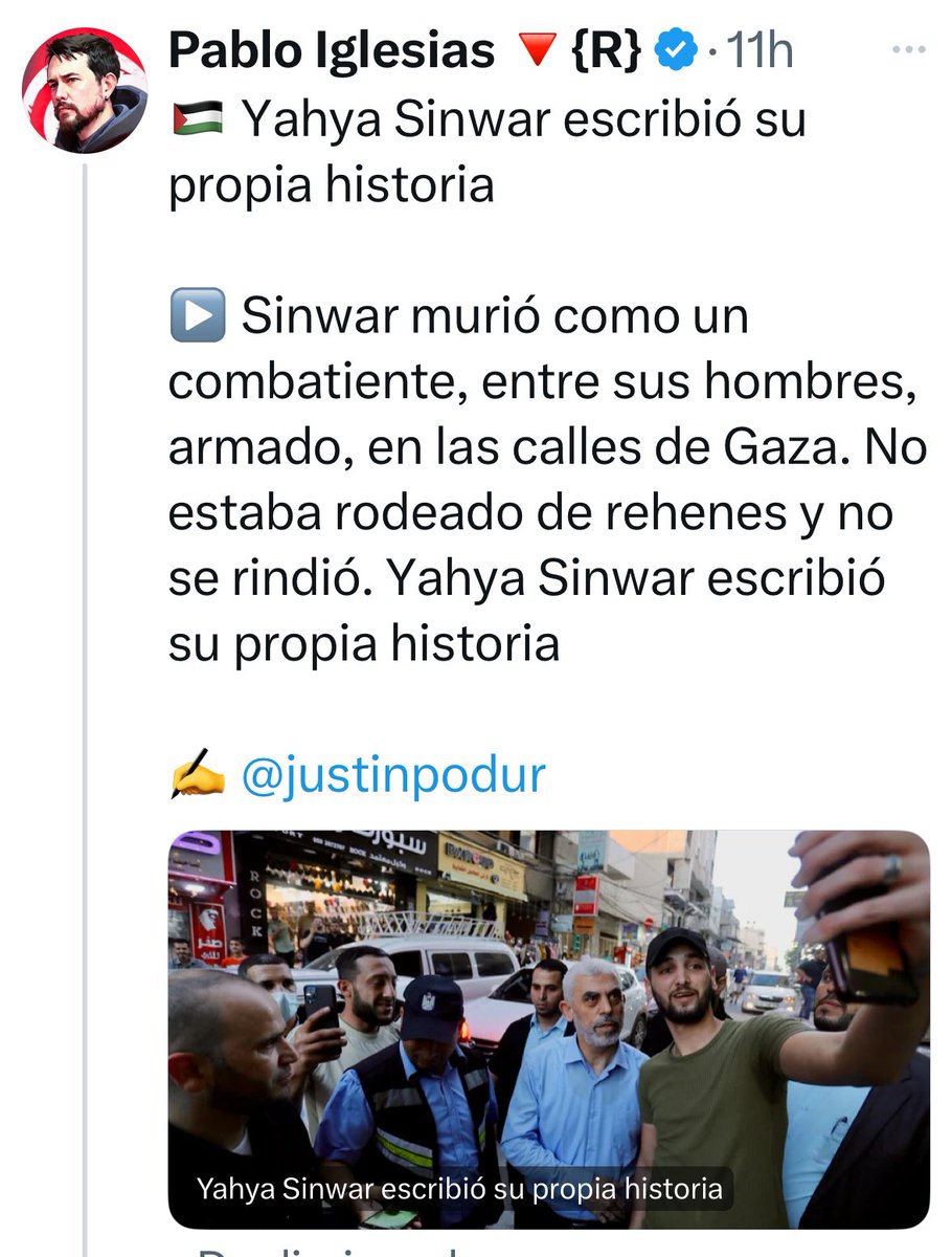 Yahya Sinwar fue el cerebro del ataque del 7 de octubre de Hamás a Israel. Asesinaron a  1.200 personas y secuestraron  a 250 rehenes. Llevaron a cabo todo tipo de actos de barbarie, tortura y violencia sexual contra las mujeres.

Y para esta rata, es un héroe.