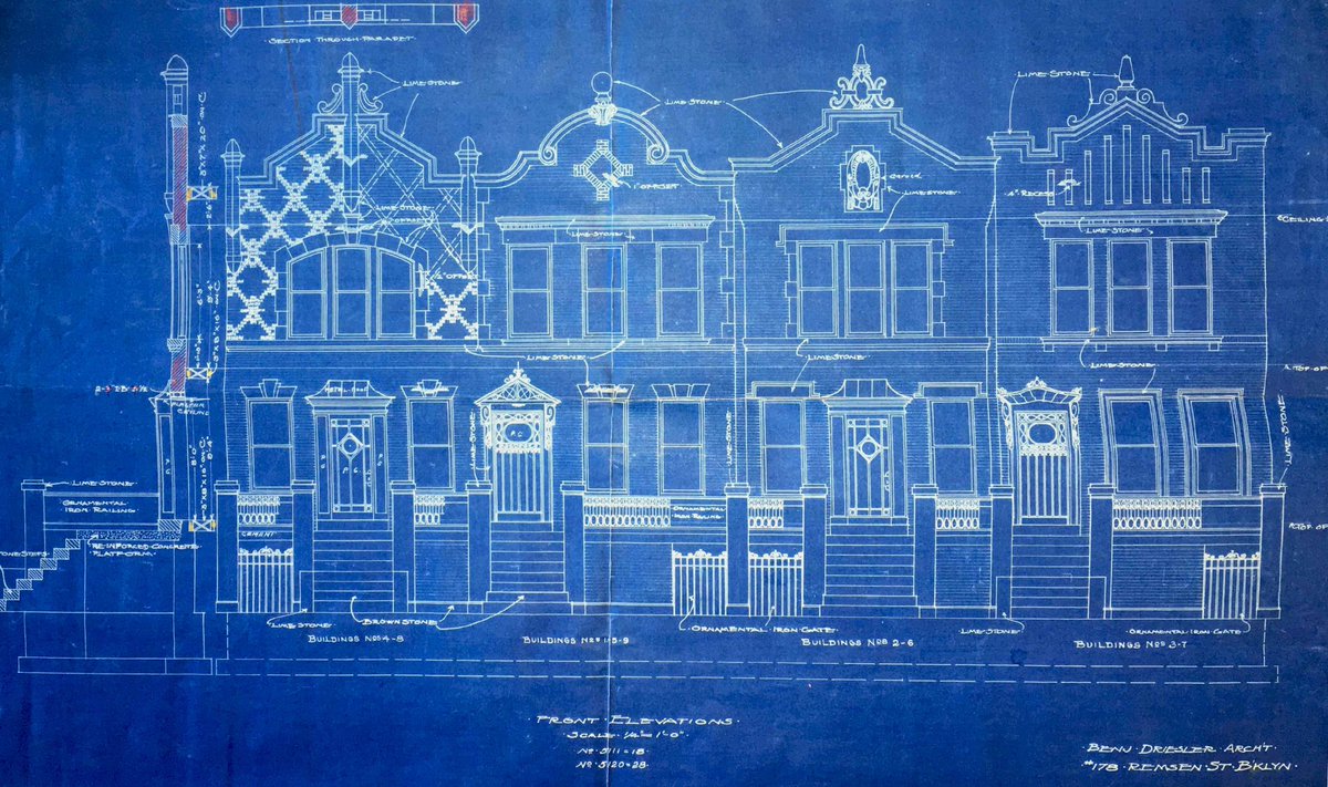 PLGHC_'s tweet image. This #ThenAndNow highlights the blueprints of a row of eight homes located at 290-304 Parkside Avenue in the Melrose Parkside Historic District. Designed by the prolific architect Benjamin Driesler and developed by William A. A. Brown in 1912. #prospectleffertsgardens