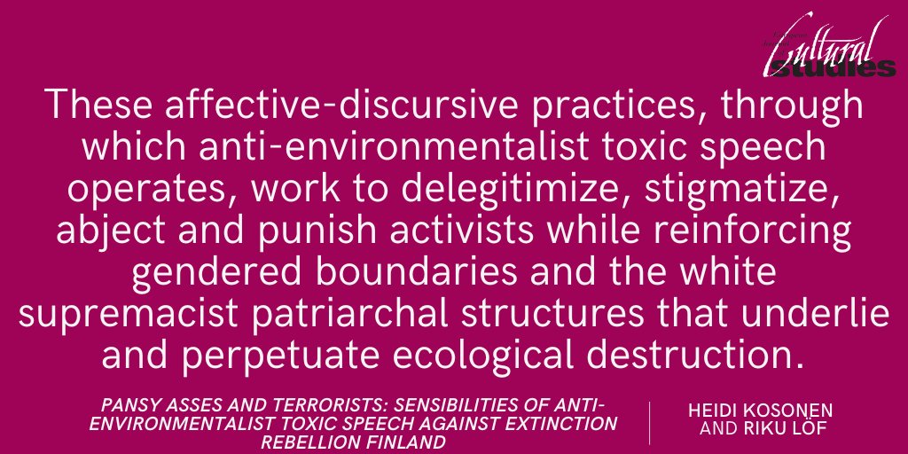 EJCS_Journal's tweet image. "Pansy asses and terrorists": In this #OpenAccess article, Heidi Kosonen (@uniofjyvaskyla) and @LofRiku (@HelsinkiUni) analyse anti-environmentalist speech and actions against @ExtinctionR in Finland through the concept of ‘toxic speech’.
Read here: doi.org/10.1177/136754…