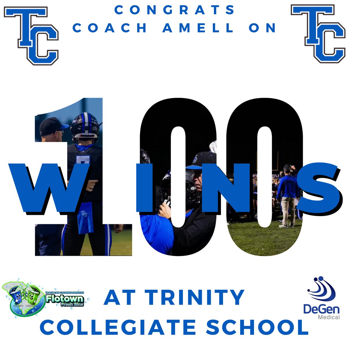Last night’s 28-25 thriller over LMA was Coach Amell’s 100th win on the sidelines of Trinity Collegiate School. Congrats to Coach Amell and everyone who has helped him reach this milestone! #TitanTough