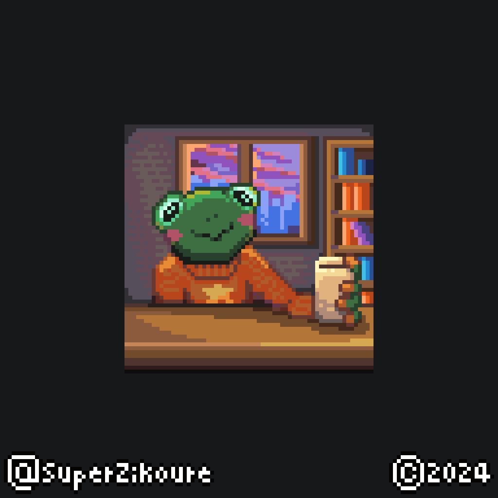 SuperZikoure's tweet photo. Cozy evening with frogbert 🐸

frog's brew + warm sweater
#pixelart #ドット絵 #froggyfall #froggyfall2024 https://t.co/R6RJupmGTn