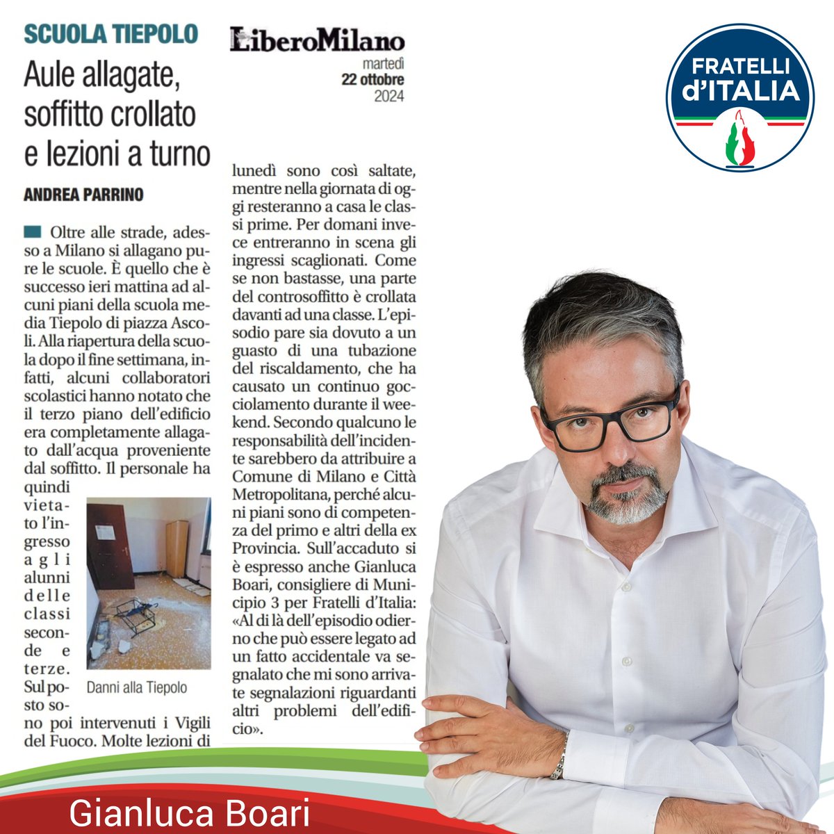 SCUOLA DI PIAZZA ASCOLI: DEGRADO DELLA STRUTTURA A CUI OCCORRE PORRE CELERMENTE RIMEDIO!

Martedì 22 ottobre Libero ha denunciato la situazione dello storico edificio scolastico di Piazza Ascoli condiviso dall'istituto Tiepolo e dall'istituto Virgilio. 
#Milano #fratelliditalia