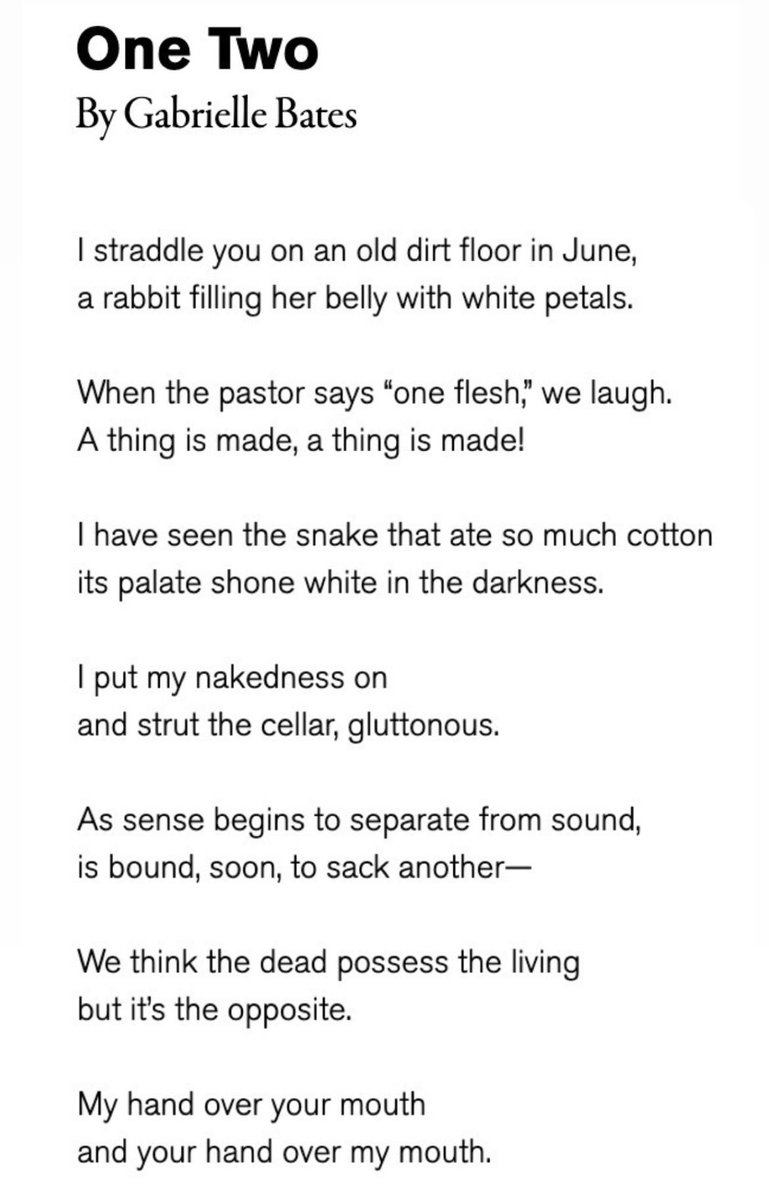 Gabrielle Bates (@gabriellebates) on Twitter photo For a long time after my book came out it felt like all I could do was move two lines around at a time, arranging shards. I’ve since broken out of that mode thank god but I’m publishing a few pieces now as a nod to that time / process. Here is one in <a href="/kenyonreview/">Kenyon Review</a>. For a long time after my book came out it felt like all I could do was move two lines around at a time, arranging shards. I’ve since broken out of that mode thank god but I’m publishing a few pieces now as a nod to that time / process. Here is one in <a href="/kenyonreview/">Kenyon Review</a>.