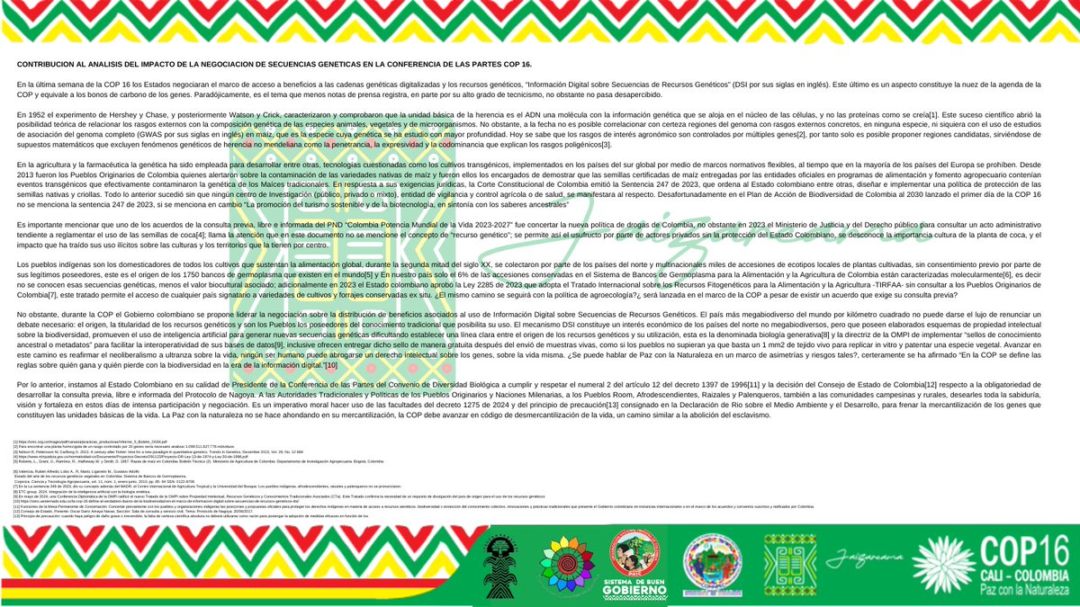 GerardoJumi's tweet photo. #PazConLaNaturaleza 
Atención🚨

🌿✨ Te invitamos a leer el nuevo comunicado de la Consejería General de la ONIC en colaboración con la Corporación Custodios de Semillas sobre uno de los temas más críticos que se discuten en la COP 16: la negociación de las secuencias genéticas digitalizadas (DSI). Este aspecto clave plantea grandes desafíos a los derechos de los pueblos indígenas, especialmente en lo que respecta a la titularidad y la protección de los genes, vinculados al código secreto de la VIDA. 🌱🔒

@conycamelo @MafeCarrascal @smilelalis @marthaperaltae @PizarroMariaJo @delmarpizarro
@ONIC_Colombia @onic_guardia @revistaRAYA
@elespectador @WRadioColombia @MPCindigena
@Orivac_Colombia @CRIDEC_caldas @OIA_COLOMBIA @FedeorewaCh @AsorewaInforma @IvanCepedaCast
@indigenasCRIR