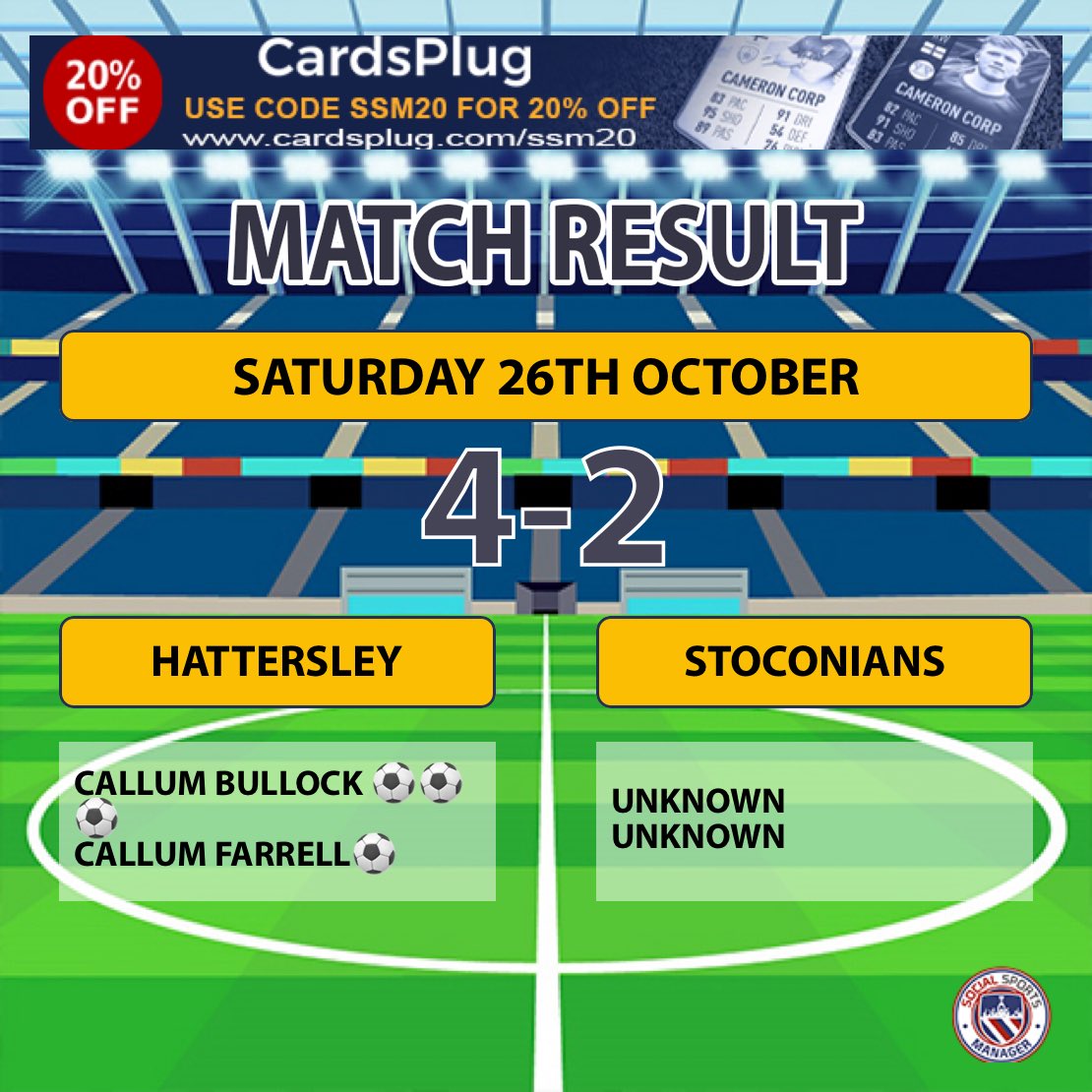 Great result for the lads today. Probably should’ve been in all honesty but ⁦<a href="/stoconiansfc/">Stoconians FC</a>⁩ keeper was in fine form saving a first half penalty pulling one of the top corner and making a boat load of saves. 3 points in the bag though and we move on. #upthehatto