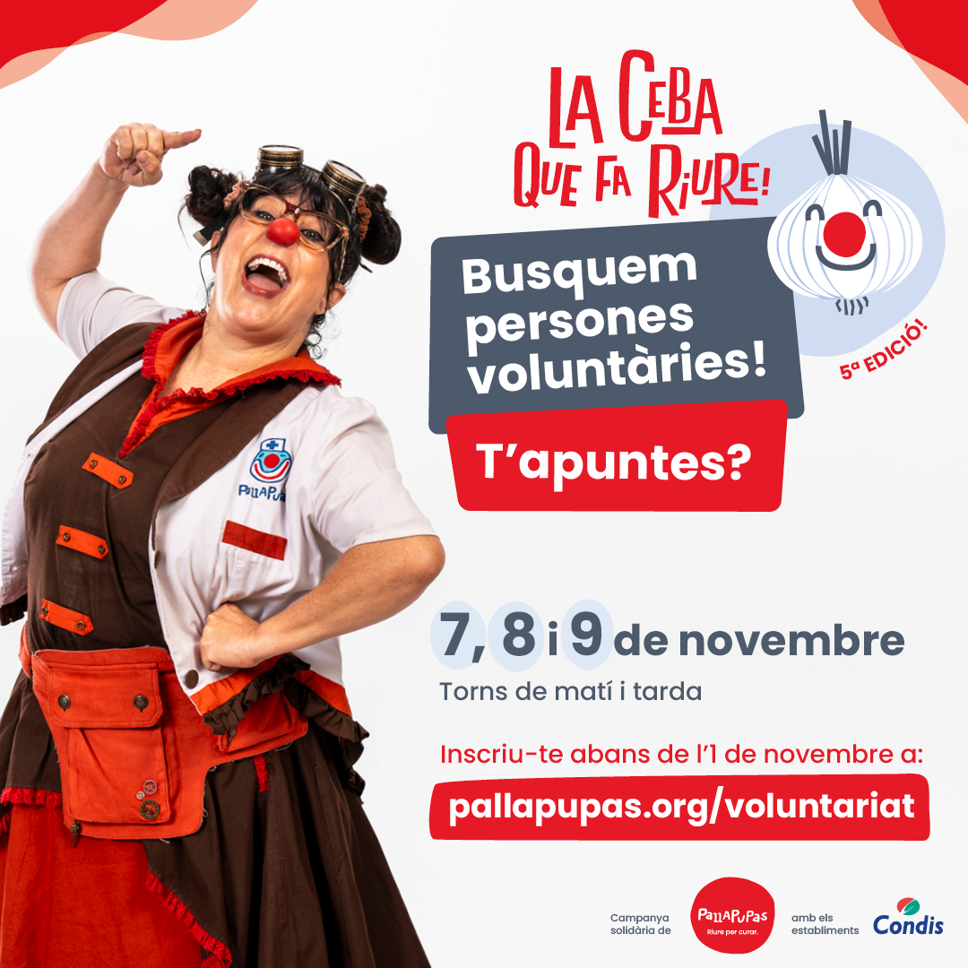 Pallapupas's tweet photo. 🔴 Per aconseguir que les cebes facin riure, ET NECESSITEM! 🧅
🗓️ Tens plans els dies 7, 8 i 9 de novembre? Quedem una estona?
Apunta’t com a voluntari/ària i ajuda'ns a vendre #lacebaquefariure a @Condislife
#Pallapupas #voluntariat #condis #riurepercurar #humoralshospitals https://t.co/sjqExVkMTQ