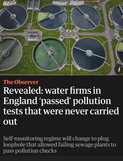 🔴LATEST: Scandal

Water firms “passed” thousands of pollution tests under a self-monitoring regime … BUT the tests were never even conducted.  

Industry is controlled by criminals. Profits, exec pay boosted by lying, cheating. Govt wants to leave the industry in their hands❓