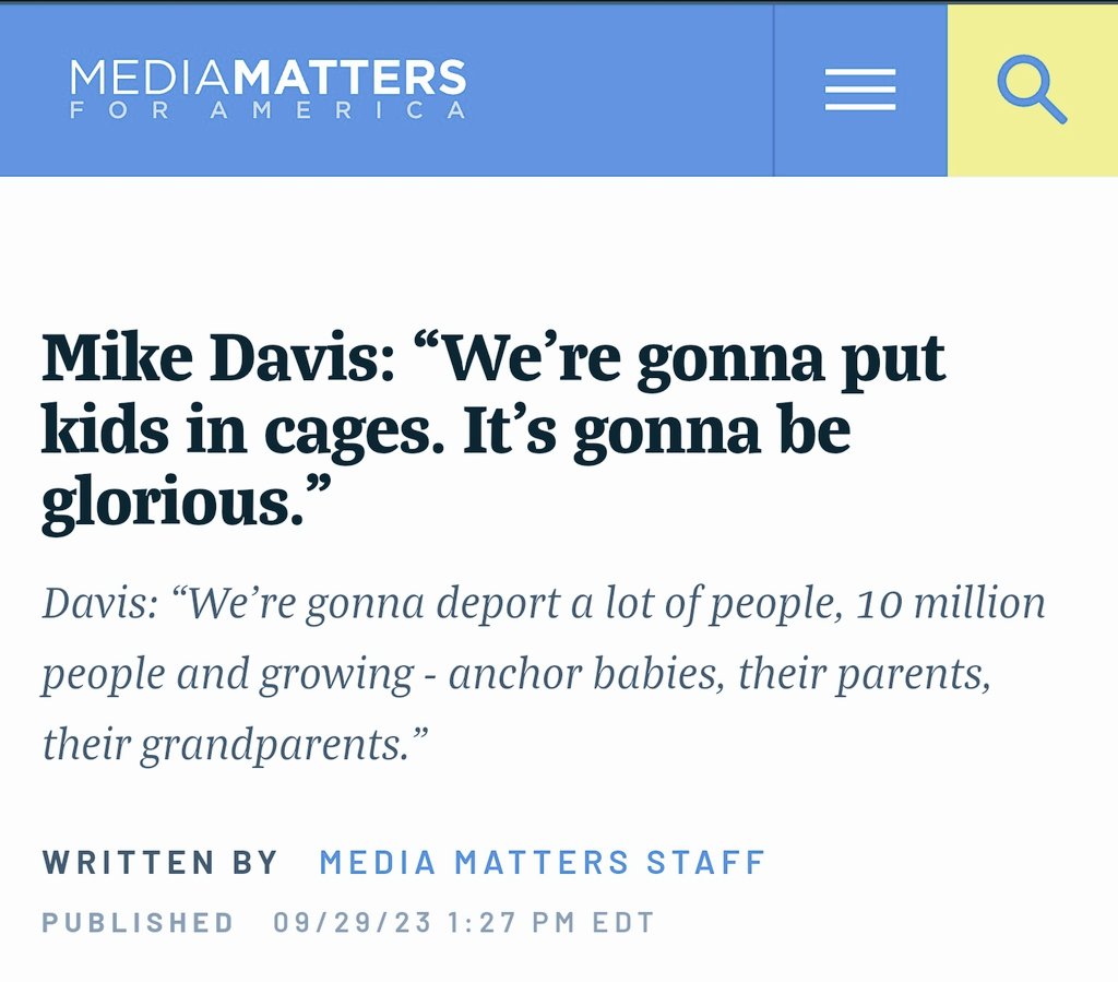 NebraskaSower's tweet image. "...we're gonna deport. We're gonna deport a lot of people, 10 million people and growing - anchor babies, their parents, their grandparents. We're gonna put kids in cages. It's gonna be glorious."

Mike Davis, potential Trump AG

mediamatters.org/google/mike-da…

#ConservativePrinciples