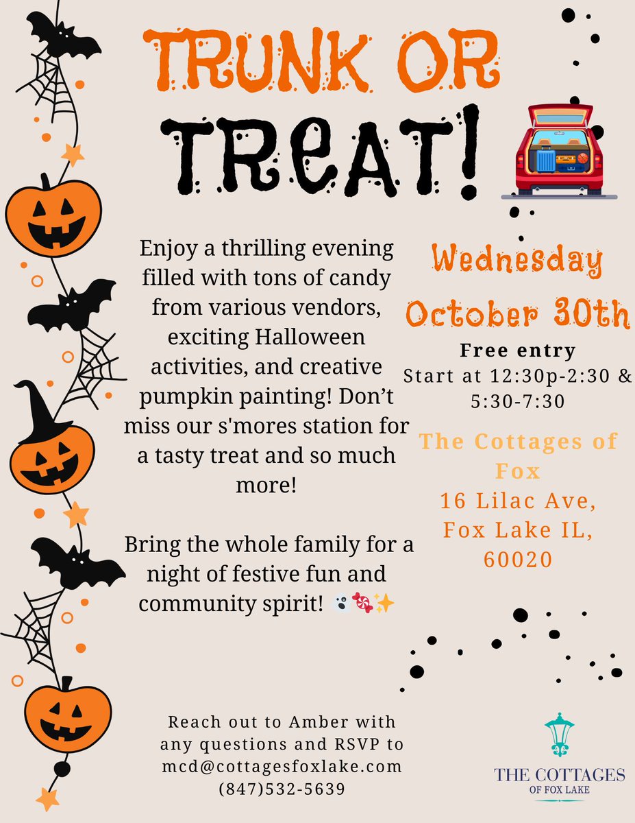 FoxLakeIL's tweet image. TIME TO SHARE 

Wednesday, October 30, 12:30 - 2:30pm children can come trick or treat with the residents of The Cottages of Fox Lake and from 5:30 - 7:30 trunk or treat in our parking lot!

#TheCottages #VillageofFoxLake #SharingIsCaring #FoxLakeIL #TrunkorTreat