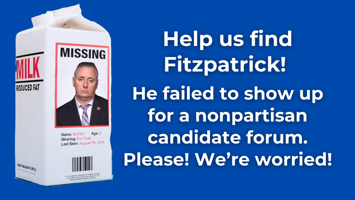 IndivisibleBUX's tweet photo. Congressman Brian Fitzpatrick of #PA01 is missing.

He hasn't done town halls or interviews, and he missed our district forum.

Have you seen him? We're worried! https://t.co/uwEYoYsb2V