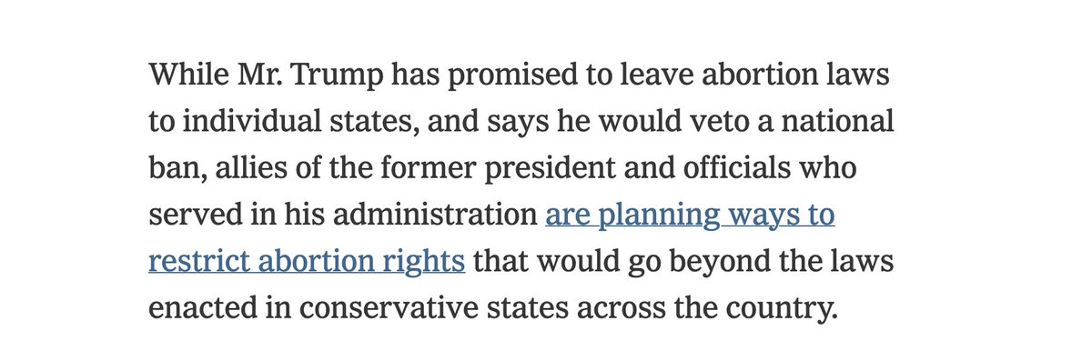 Just another reminder that Trump does not need to "sign a nationwide abortion ban into law." 

If elected, all he needs is an AG and DOJ willing to revive the (now-dormant) 1873 Comstock Act, which prohibits mailing abortion pills and other implements used to provide abortions.