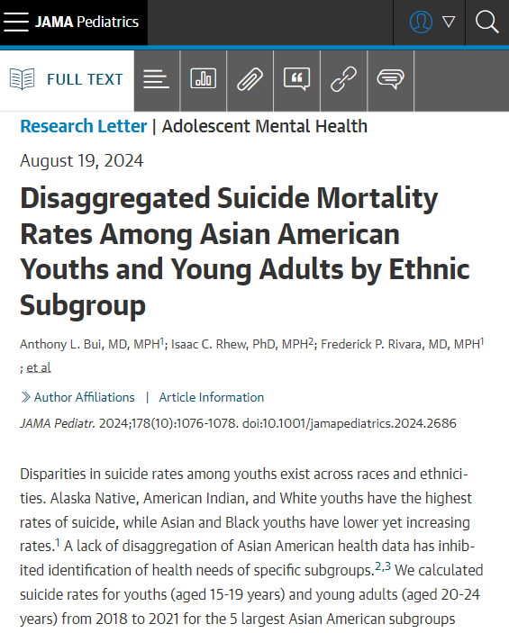 JAMAPediatrics's tweet photo. Disparities in suicide mortality in youth and young adults exist among Asian American subgroups. Read the study from @bui_anthony @tumainic @uwpediatrics @seattlechildren @uwepidemiology https://t.co/PixOd9bqgH #DisaggregateData https://t.co/p68g05C5sV