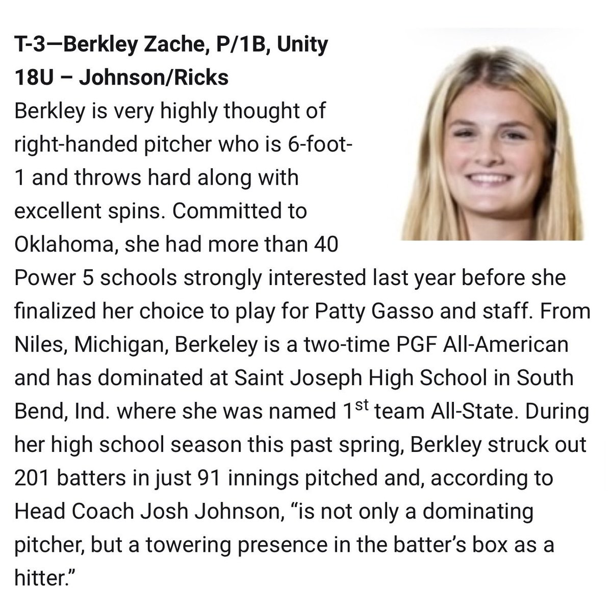 Berkley Zache (@berkleyzache) on Twitter photo Thank you so much <a href="/LineDsoftball/">Line Drive Media</a> and <a href="/los_stuff/">Carlos Arias</a> for ranking me #3 in the class of 2025! I’m so blessed to be named with these other talented athletes!! <a href="/OU_Softball/">Oklahoma Softball</a> <a href="/GassoPatty/">Patty Gasso</a> <a href="/coachjro/">Jennifer Rocha</a> <a href="/jtgasso/">JT Gasso</a> <a href="/fale_steele/">Falepolima Steele</a> <a href="/Unity18uJohnson/">Unity 18u-Johnson</a> Thank you so much <a href="/LineDsoftball/">Line Drive Media</a> and <a href="/los_stuff/">Carlos Arias</a> for ranking me #3 in the class of 2025! I’m so blessed to be named with these other talented athletes!! <a href="/OU_Softball/">Oklahoma Softball</a> <a href="/GassoPatty/">Patty Gasso</a> <a href="/coachjro/">Jennifer Rocha</a> <a href="/jtgasso/">JT Gasso</a> <a href="/fale_steele/">Falepolima Steele</a> <a href="/Unity18uJohnson/">Unity 18u-Johnson</a>