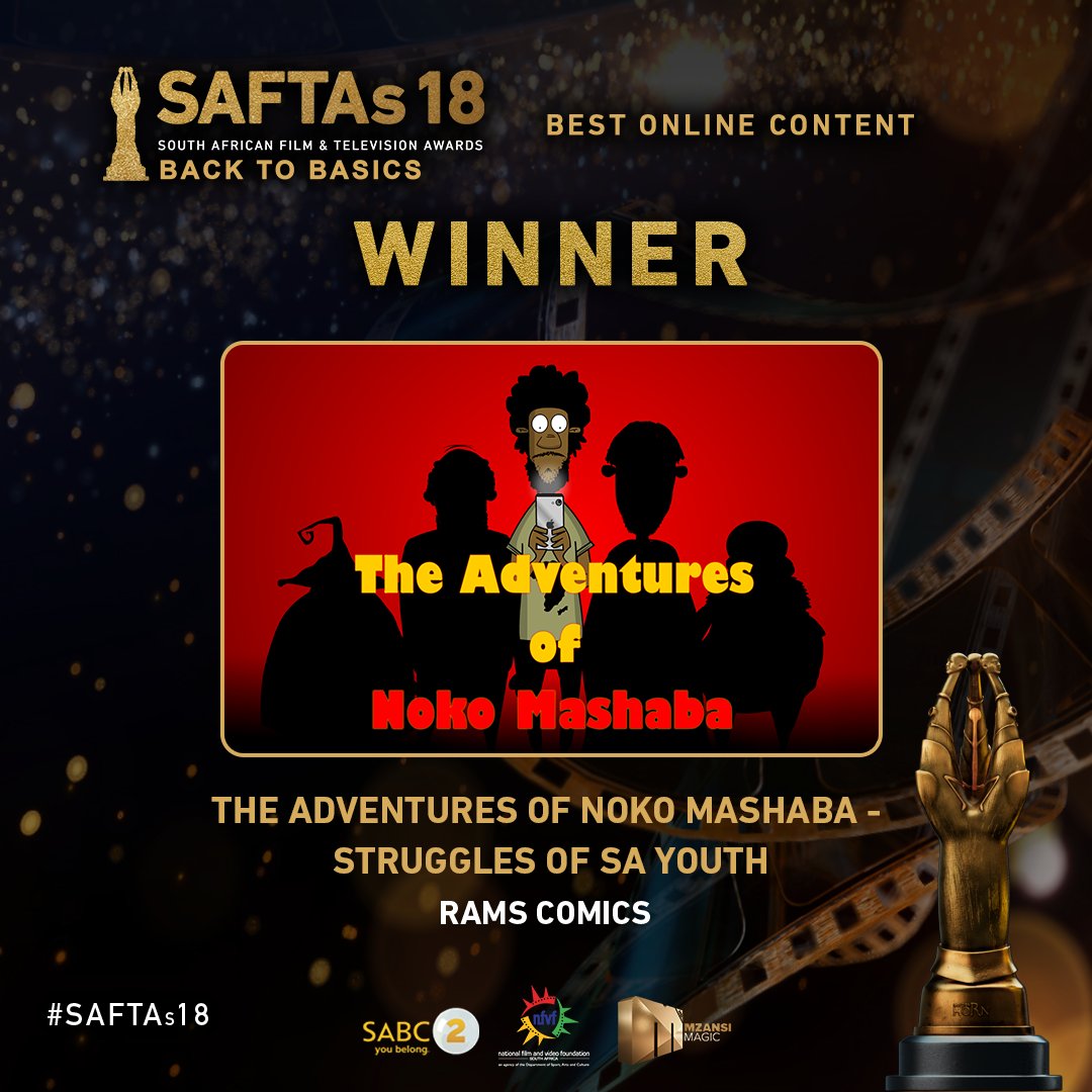 SAFTAs_1's tweet photo. Well done to The Adventures of Noko Mashaba - Struggles of SA Youth by Rams Comics for winning Best Online Content at #SAFTAs18! 🎥🏆#BackToBasics https://t.co/kDZmlNMGI0